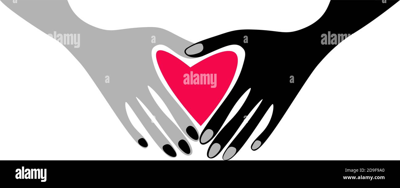 Due palme di colori diversi sono collegate per formare un cuore. L'idea di ​​unity di razze e popoli. Concetto di amore e amicizia. Tre colori. Illustrazione Vettoriale