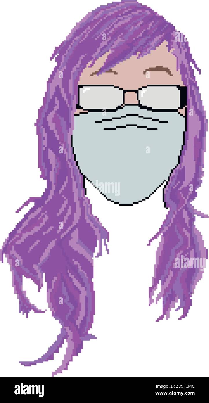 Indossare una maschera medica protettiva per prevenire il virus covid19, pixel art di una donna con capelli viola indossare maschera isolato vettore illustrazione. Illustrazione Vettoriale