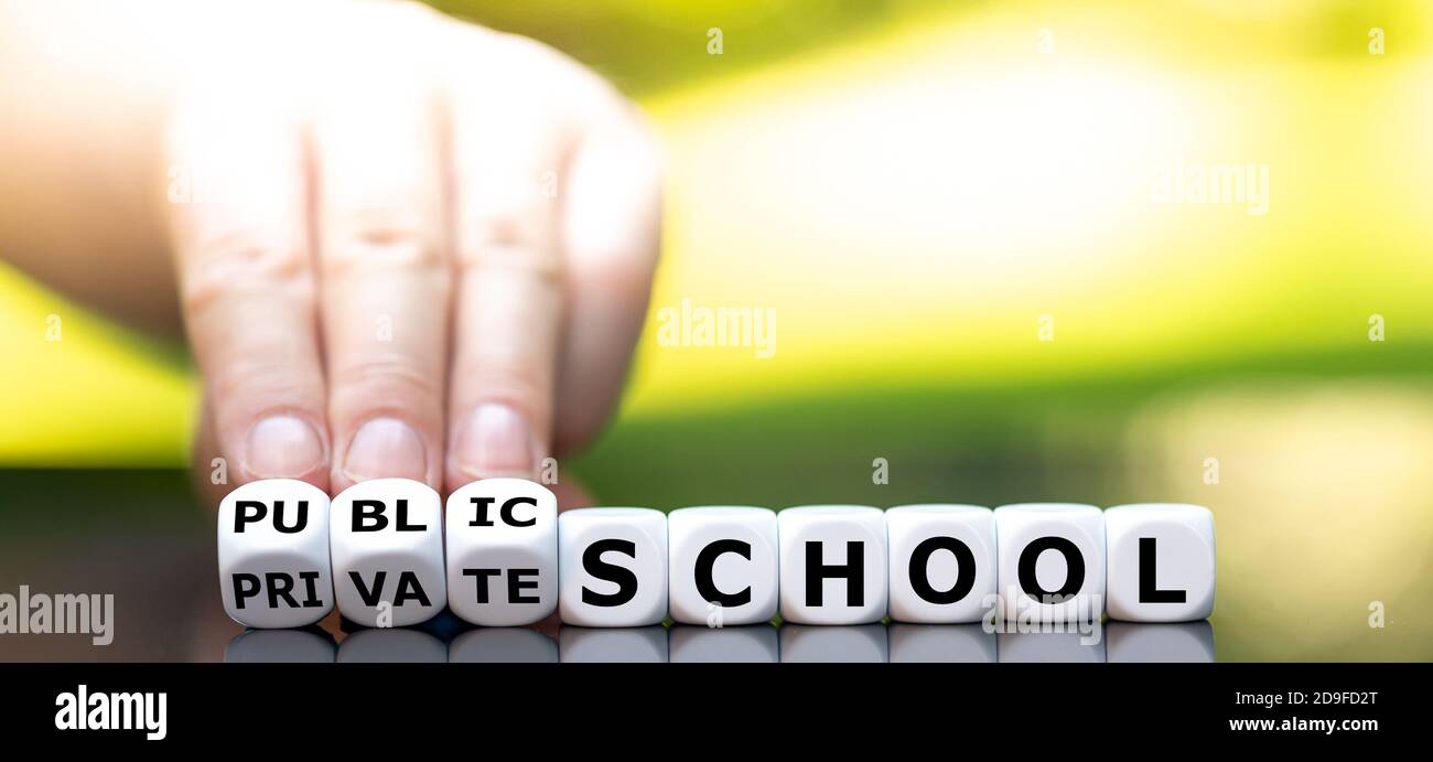 Scuola privata o pubblica? La mano trasforma i dadi e cambia l'espressione "scuola privata" in "scuola pubblica". Foto Stock