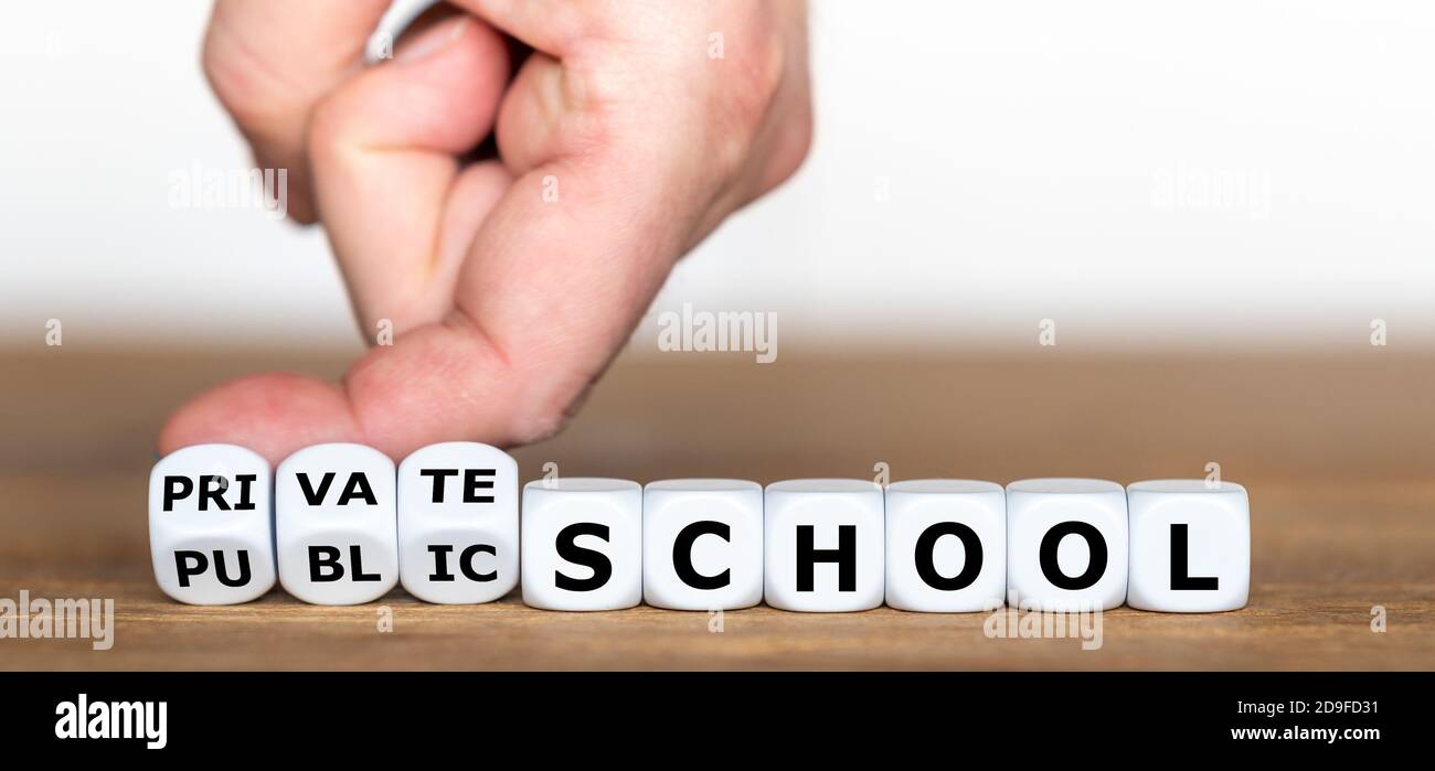 Scuola privata o pubblica? La mano trasforma i dadi e cambia l'espressione "scuola pubblica" in "scuola privata". Foto Stock