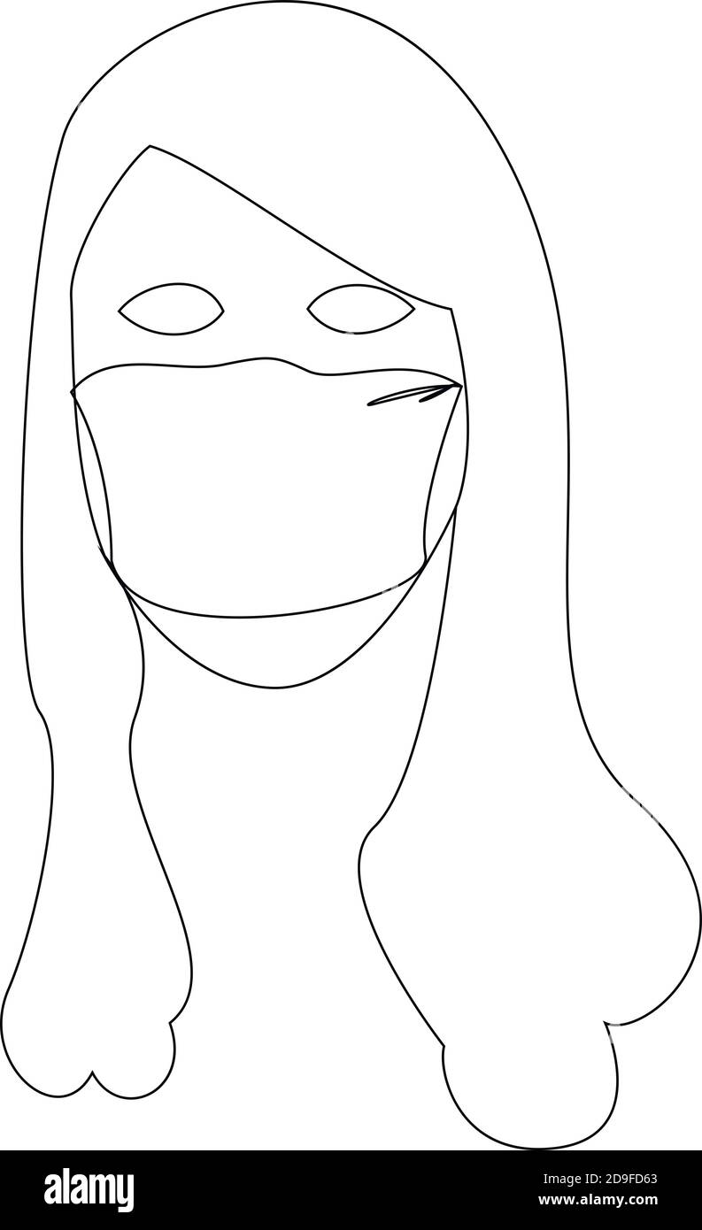 Illustrazione della linea di una donna che indossa una maschera, maschere per la respirazione di sicurezza, maschera dentista, sicurezza industriale, protezione dalla polvere, protezione da covidi, Vector Illustrazione Vettoriale
