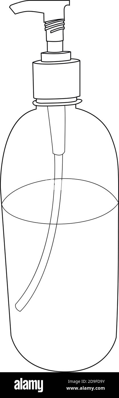 Grafico vettoriale. Icona di disegno linea, contorno su sfondo bianco. Gel disinfettante per le mani. Igienizzatore. Sapone antibatterico liquido. Tratto modificabile Illustrazione Vettoriale