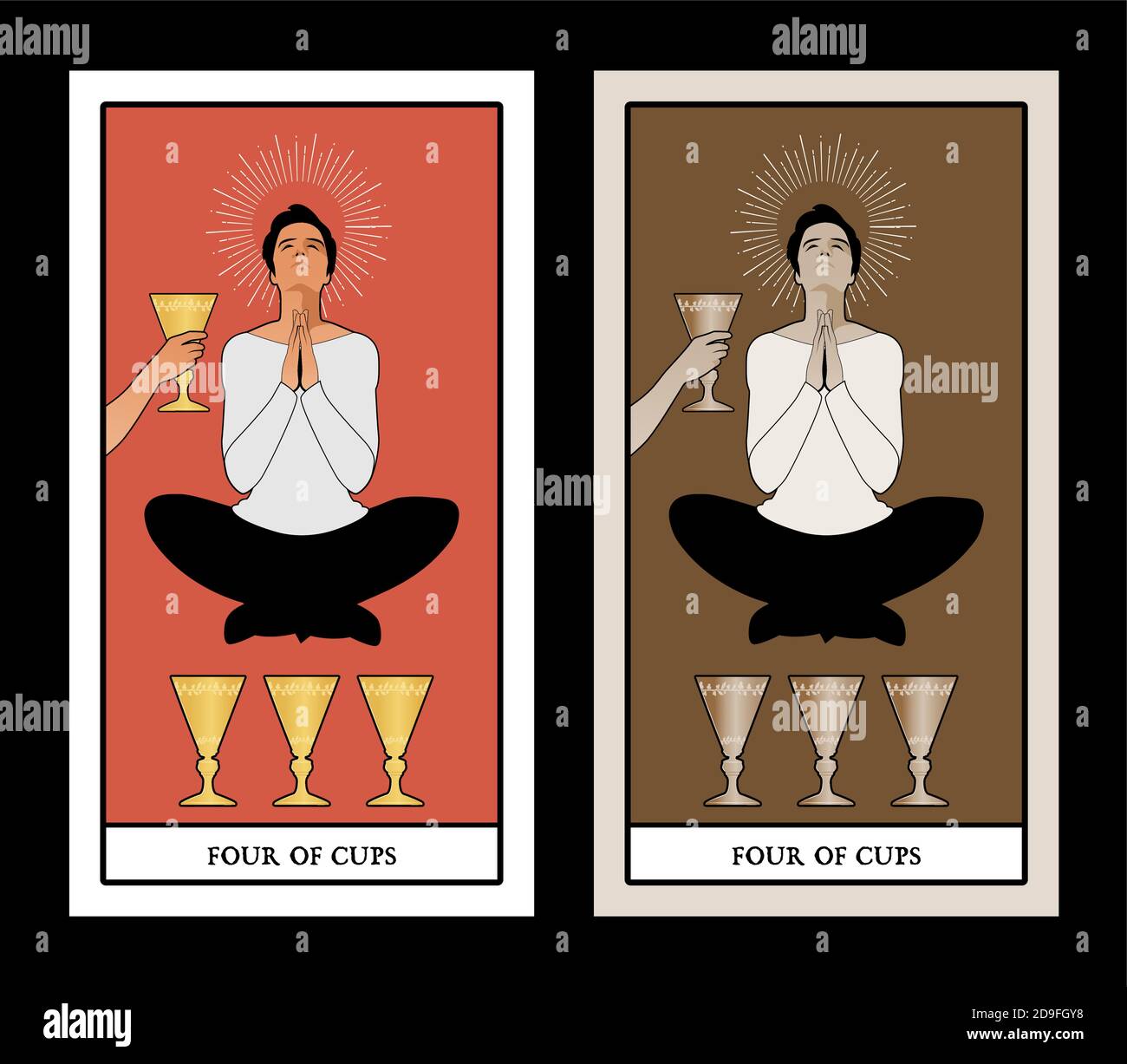 Quattro di coppe. Le carte dei tarocchi. Giovane uomo in un atteggiamento  di meditazione e di preghiera, far levitare su tre coppe d'oro e ignorando  la coppa offerto da un ano Immagine