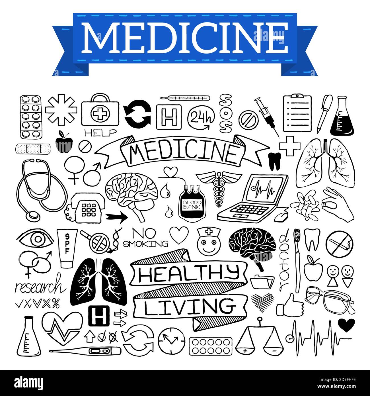 Doodles medico insieme di icone isolate su sfondo bianco Illustrazione Vettoriale