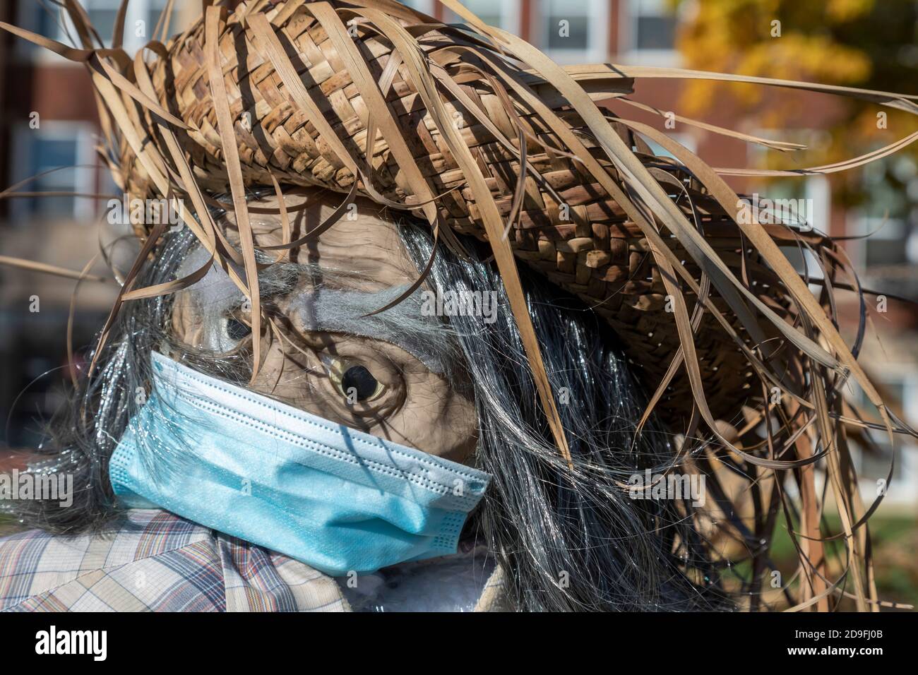 Sandusky, Michigan - Scarecrows indossare maschere durante la pandemia coronavirus. Foto Stock