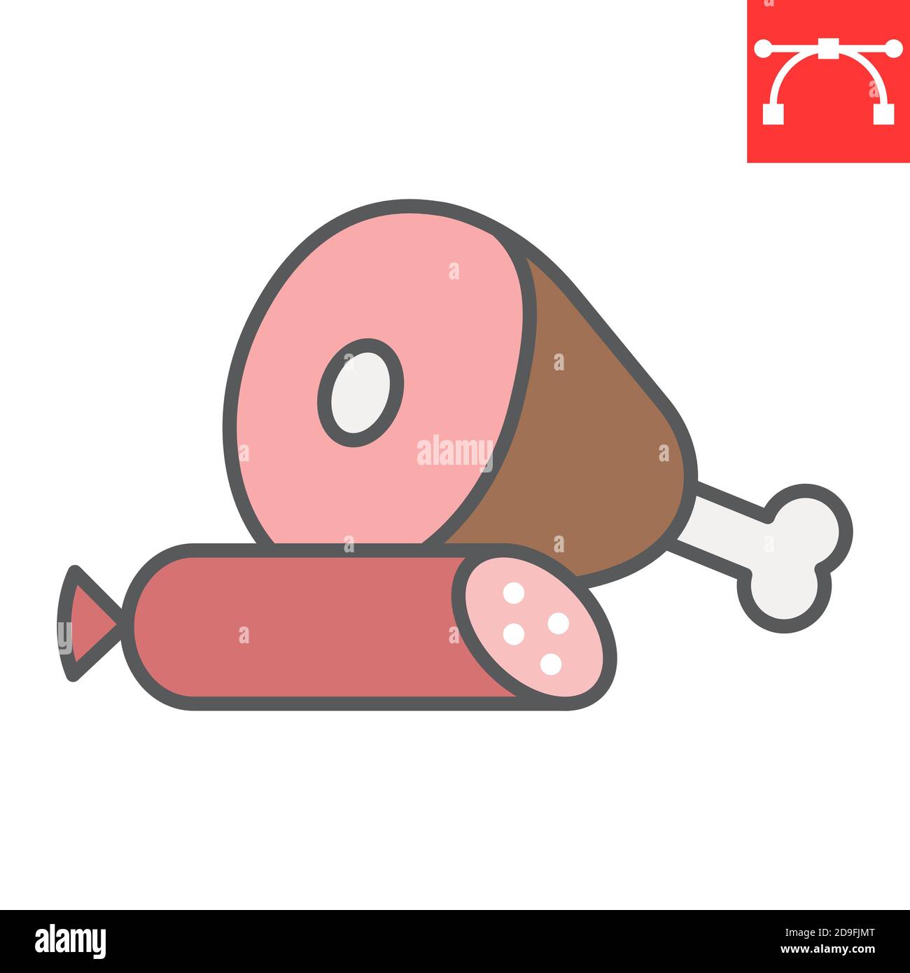 Icona della linea di colore Deli, prosciutto e salame, grafica vettoriale dei segni di manzo, icona del contorno con tratto modificabile, eps 10. Illustrazione Vettoriale