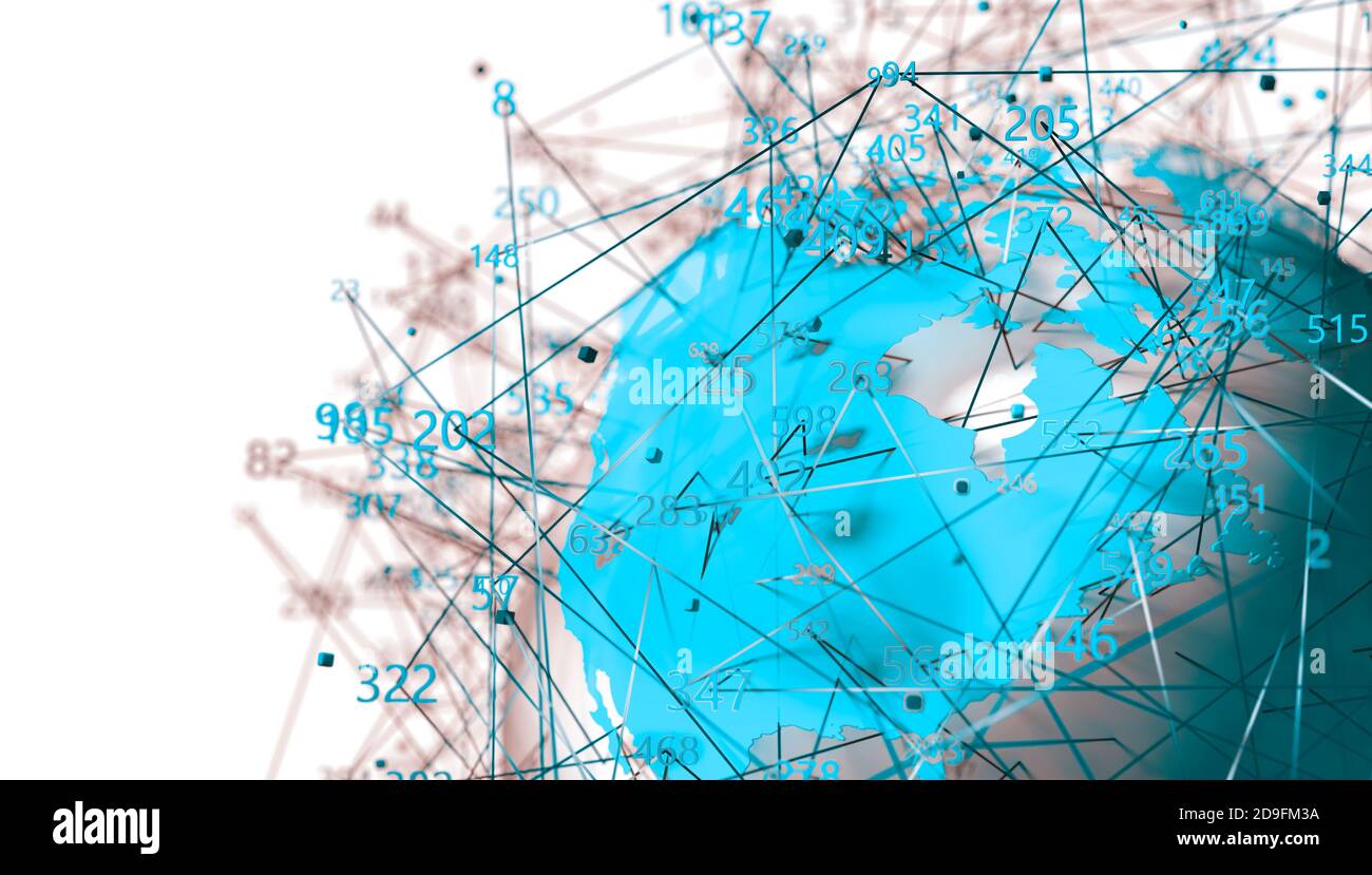 Mappa del mondo e struttura dei dati. Comunicazione e tecnologia background astratto.concetto di scienza dei dati e big data.illustrazione 3d Foto Stock