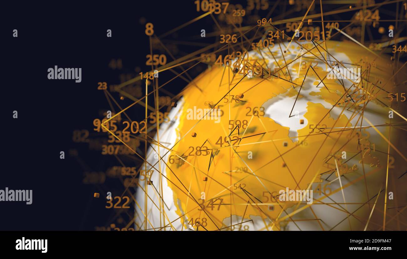 Mappa del mondo e struttura dei dati. Comunicazione e tecnologia background astratto.concetto di scienza dei dati e big data.illustrazione 3d Foto Stock