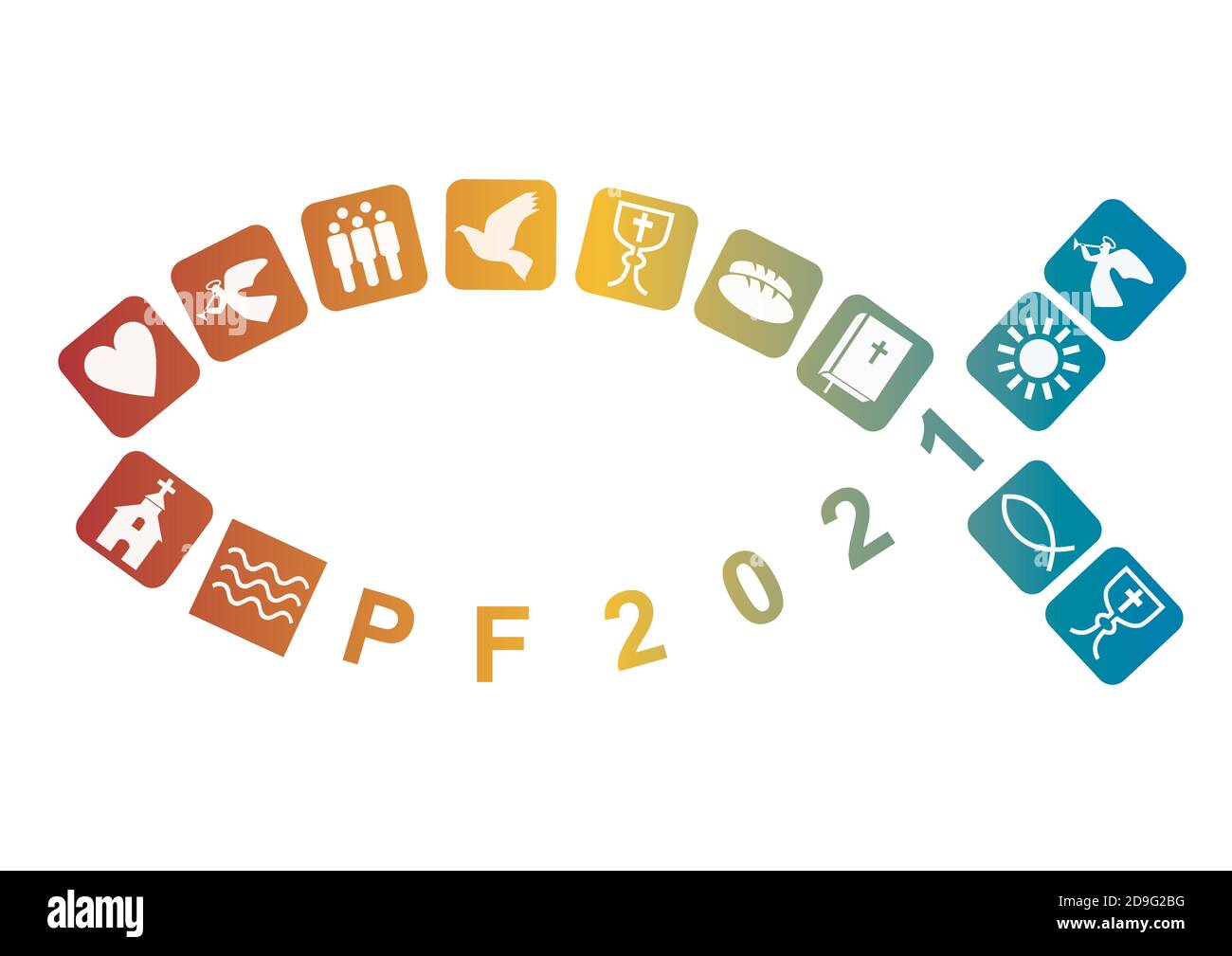 Gesù simbolo, felice anno nuovo con simboli cristiani. PF card nuovo anno 2021 con pesci e icone cristiane colorate stilizzate. Vettore disponibile. Illustrazione Vettoriale