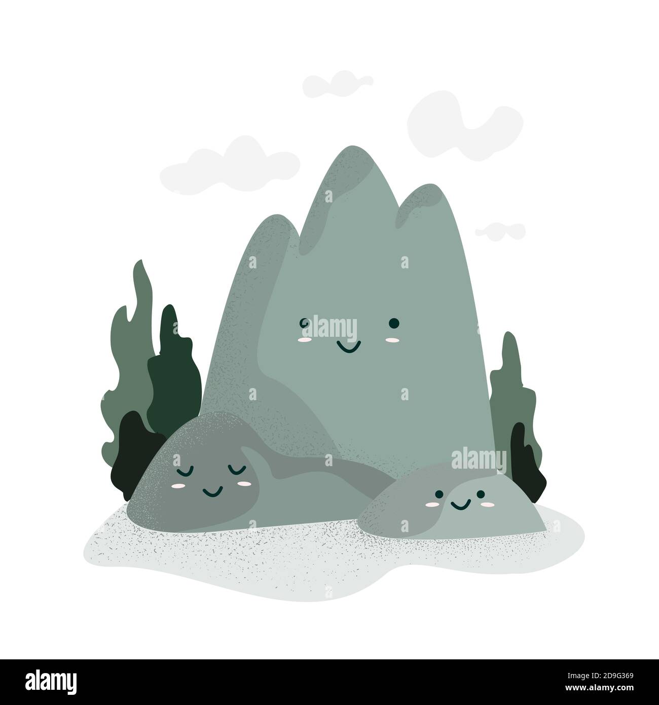Giornata Happy Mountains. Carino simpatico cartone animato montagne con dolci facce kawaii, nuvole e alberi, isolati su sfondo bianco. Illustrazione Vettoriale
