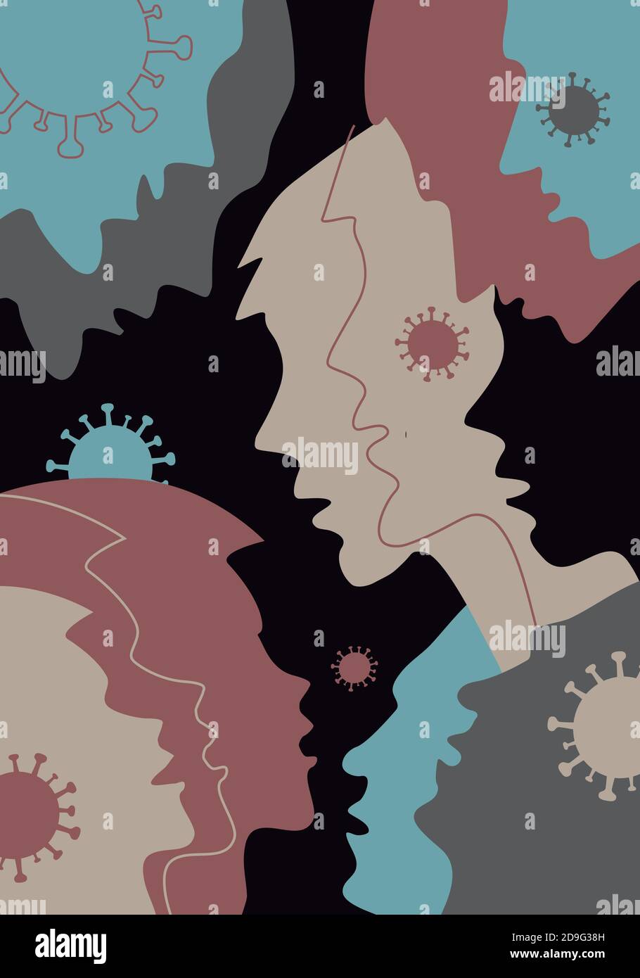 Trasmissione del coronavirus da persona a persona, teste umane sfondo colorato. Composizione espressiva di silhouette stilizzate. Illustrazione Vettoriale
