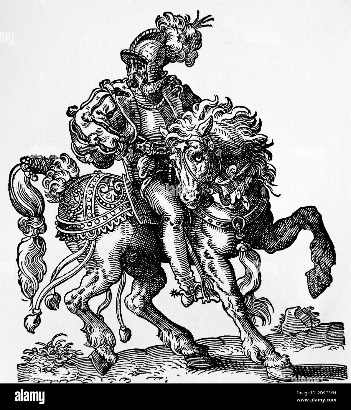 Rinascimento. Cavalluomo (soldato nella cavalleria). Engravinb di Jost Amman, 16 ° secolo. Colorazione successiva. Foto Stock