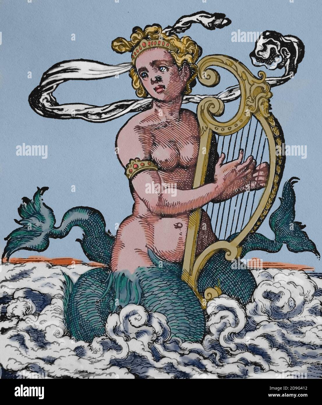Sirena che suona un'arpa. Incisione di Jost Amman, 1599. Foto Stock
