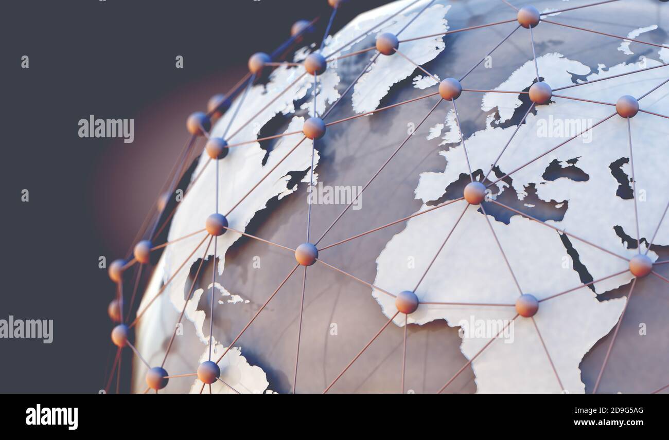 Accordi commerciali e internet.Telecomunicazioni e reti di comunicazione.Mappa del mondo e internet illustrazione commerce.3d Foto Stock