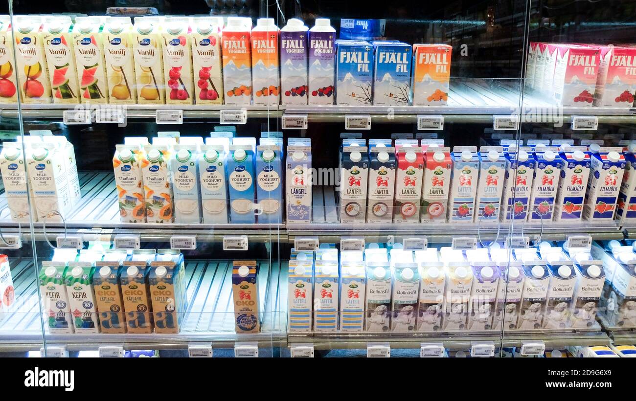 Grande varietà di yogurt in mattoni in un negozio di alimentari frigorifero Foto Stock