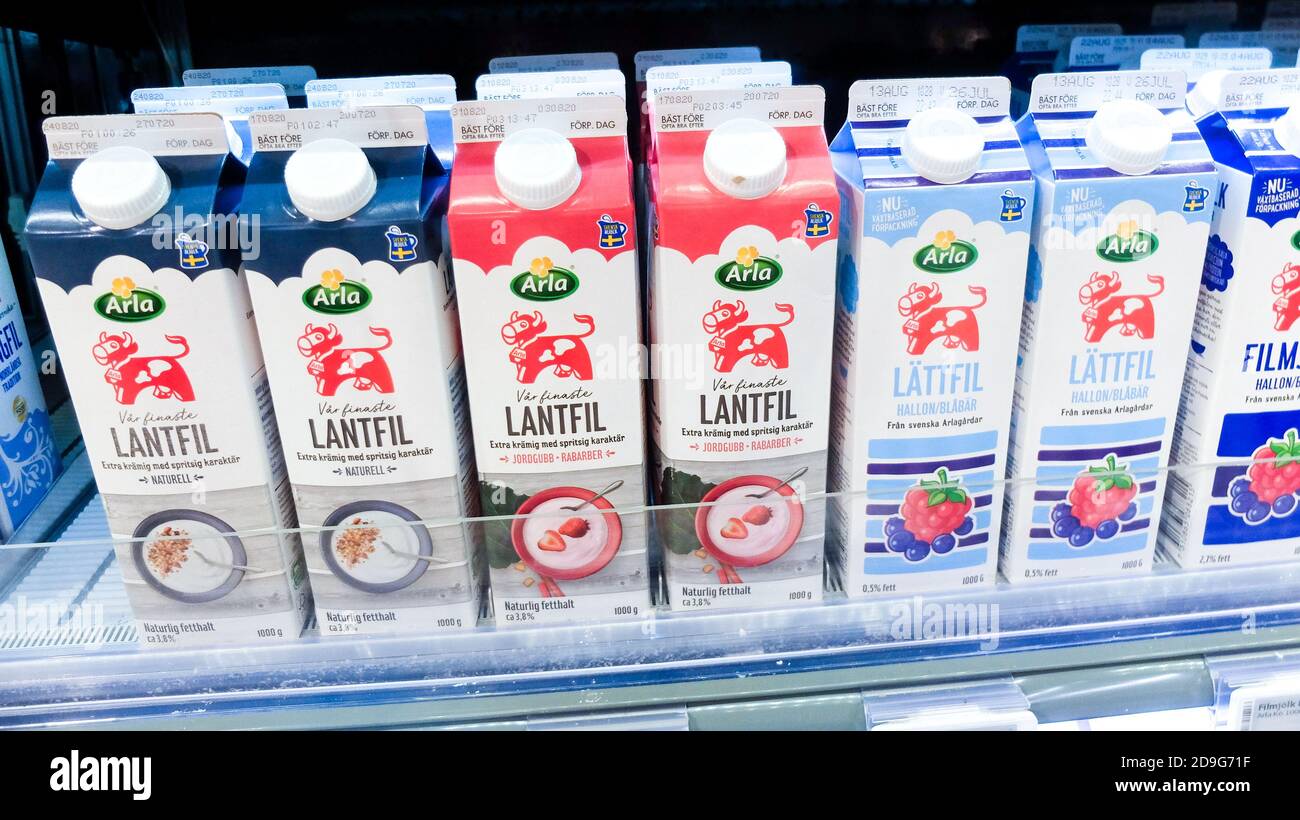 Grande varietà di yogurt in mattoni in un negozio di alimentari frigorifero Foto Stock