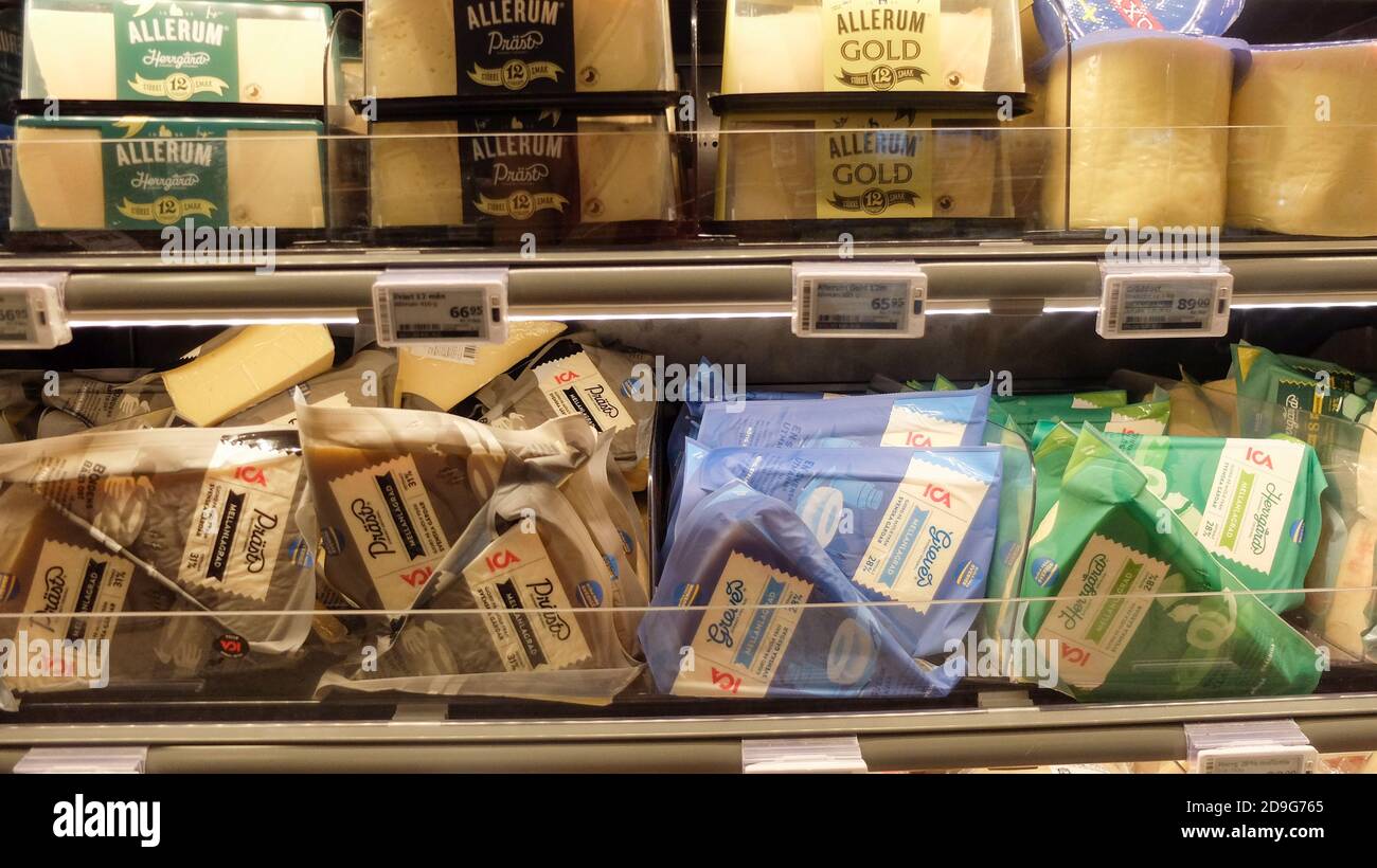Grandi varietà di formaggi svedesi nel frigo del negozio di alimentari Foto Stock
