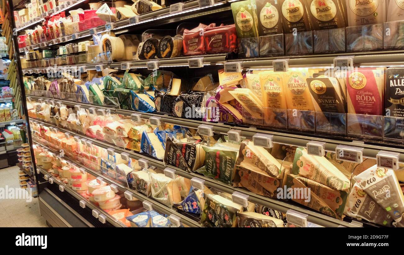 Grandi varietà di formaggi svedesi nel frigo del negozio di alimentari Foto Stock