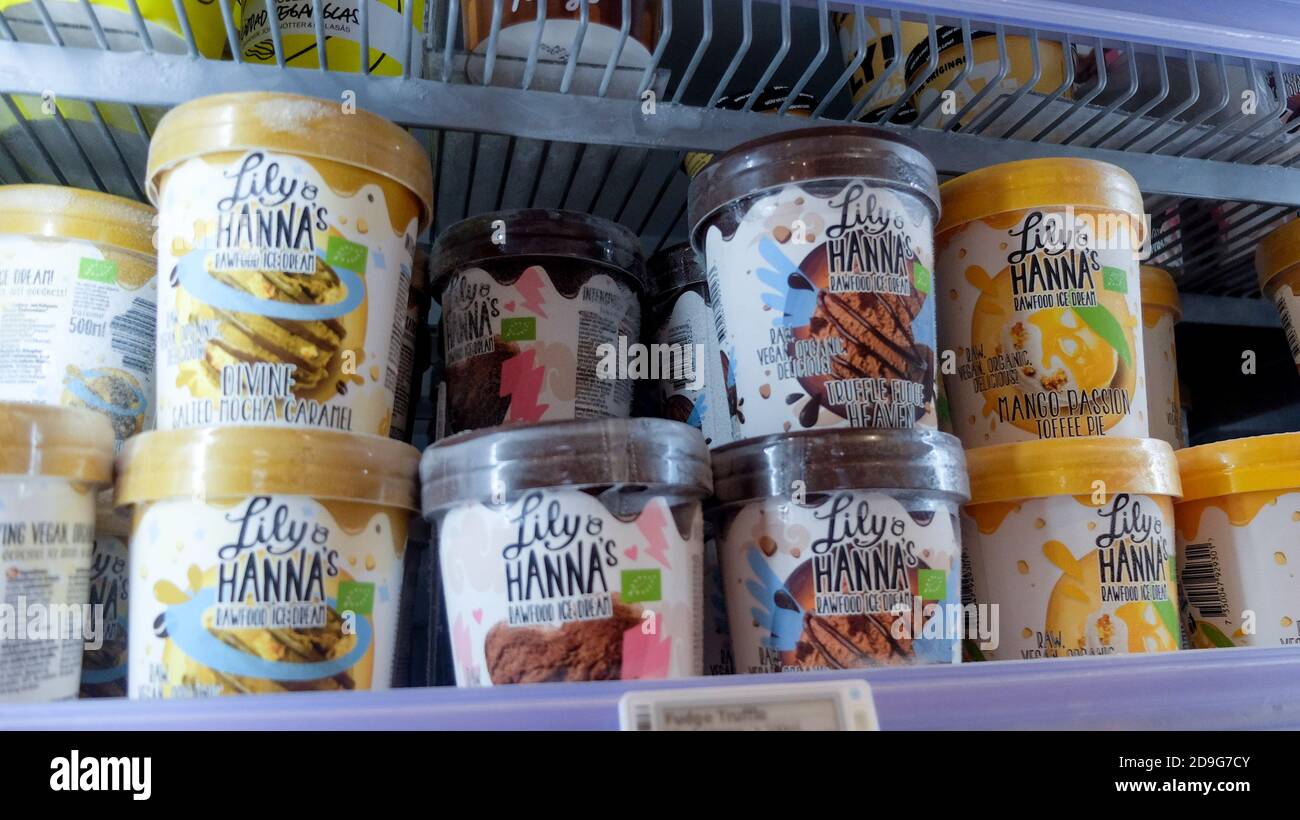 Vari gelati privi di vegano e lattosio in un negozio di generi alimentari conservare il ripiano del frigorifero Foto Stock