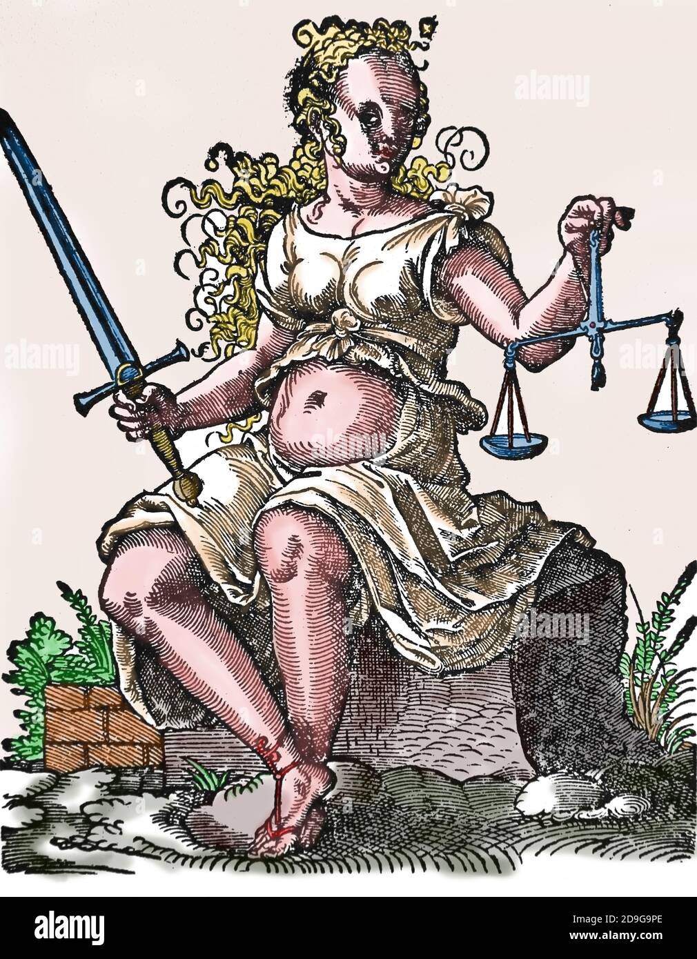 Lady Justice (Justitia) che tiene un fascio di equilibrio e la spada. Incisione di Jost Amman (1539-1591). Colorazione successiva. Foto Stock