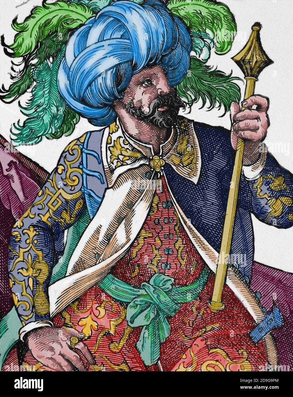 Era moderna. Impero Ottomano. 16 ° secolo. Turk con un mace. Incisione di Jost Amman, XVI secolo. Colorazione successiva. Foto Stock