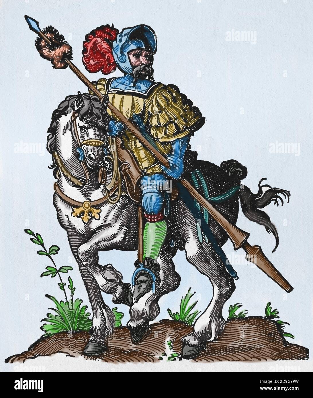 Scovare. Rinascimento. Cavaliere con lancia. Incisione di Jost Amman, XVI secolo. Colorazione successiva. Foto Stock
