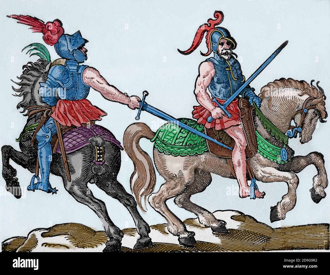 Era rinascimentale. Combattimento equestre con spade. Incisione di Jost Amman, XVI secolo. Colorazione successiva. Foto Stock