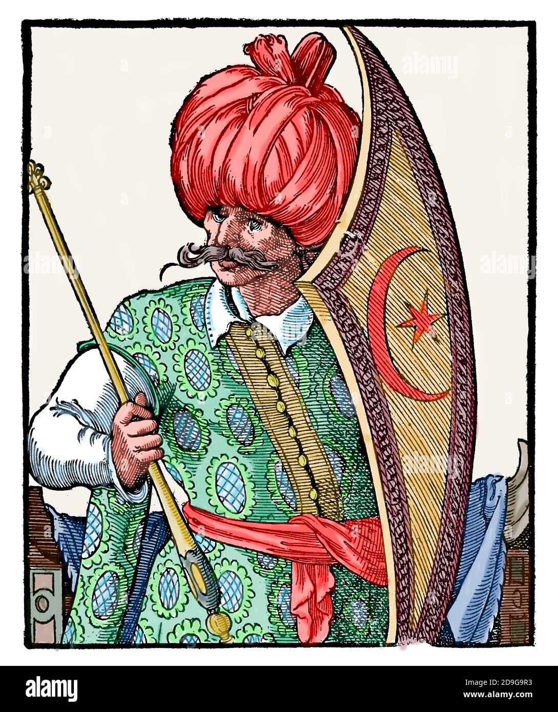 Era moderna. Impero Ottomano. 16 ° secolo. Turk con scudo e scettro. Incisione di Jost Amman, XVI secolo. Colorazione successiva. Foto Stock