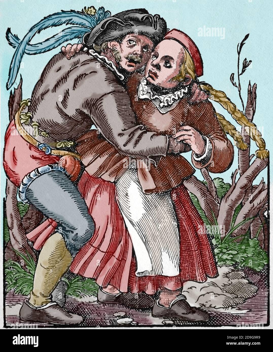 Europa. Era rinascimentale. 16 ° secolo. Coppia contadina che abbraccia. Incisione di Jost Amman, 1599. Colorazione successiva. Foto Stock
