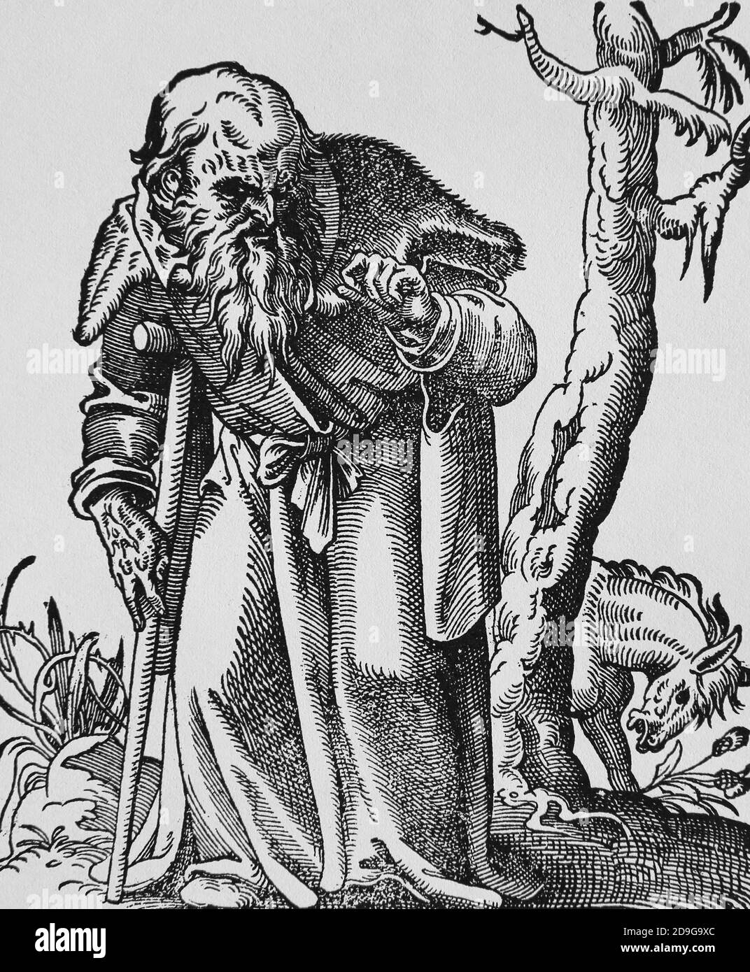 Era rinascimentale. 16 ° secolo. Vecchio uomo con crutch. Incisione di Jost Amman, 1599. Foto Stock