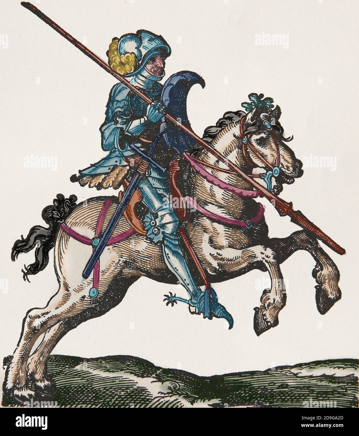 Scovare. Rinascimento. Cavaliere con lancia. Engravinb di Jost Amman, 16 ° secolo. Colorazione successiva. Foto Stock