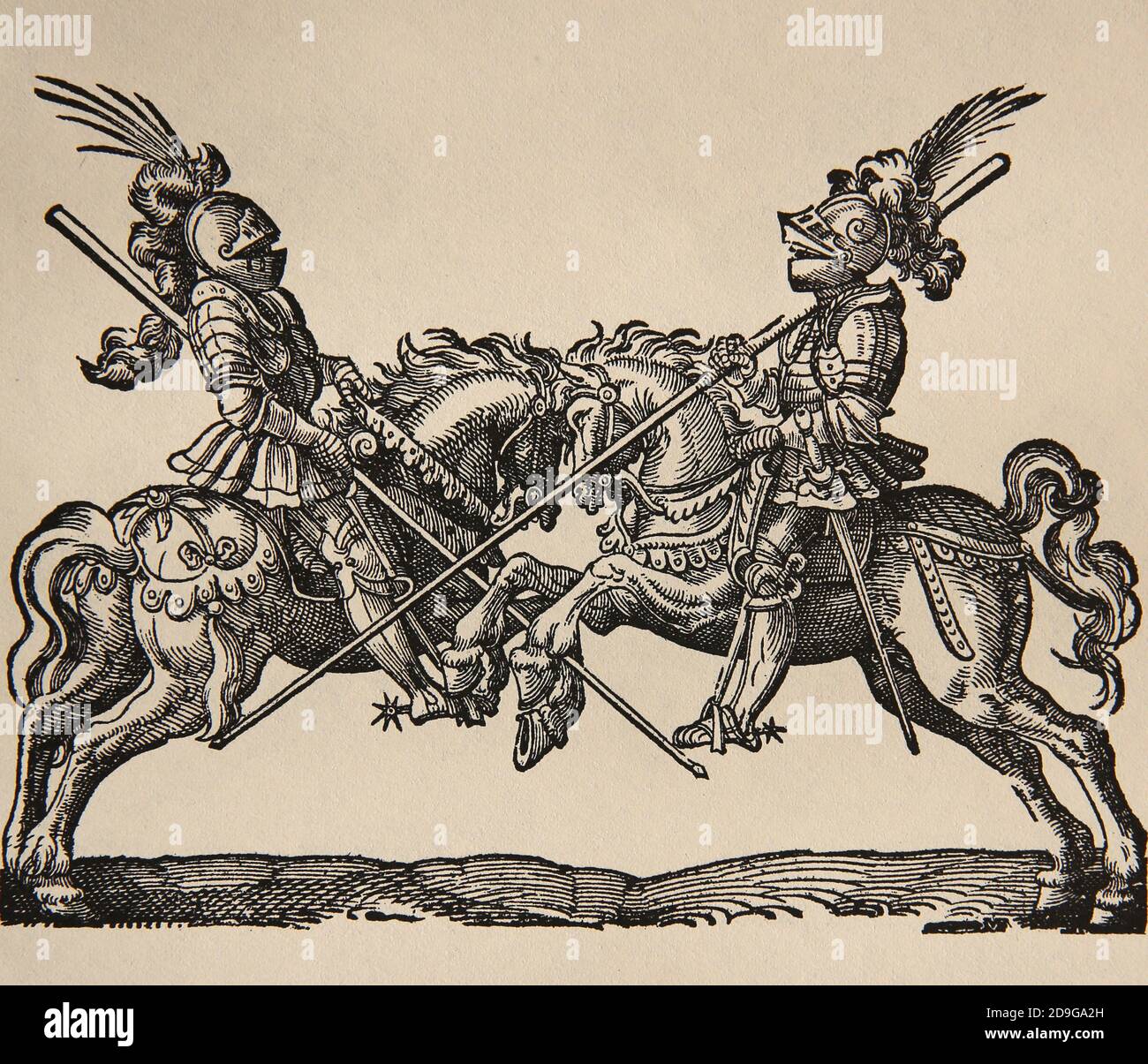 Scovare. Rinascimento. Jousters con lance. Incisione di Jost Amman, XVI secolo. Foto Stock
