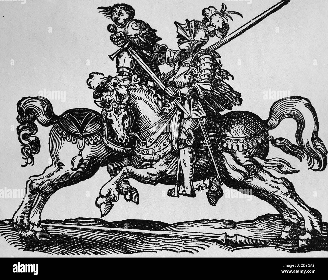 Scovare. Rinascimento. Jousters con lancia e spada. Incisione di Jost Amman, XVI secolo. Colorazione successiva. Foto Stock