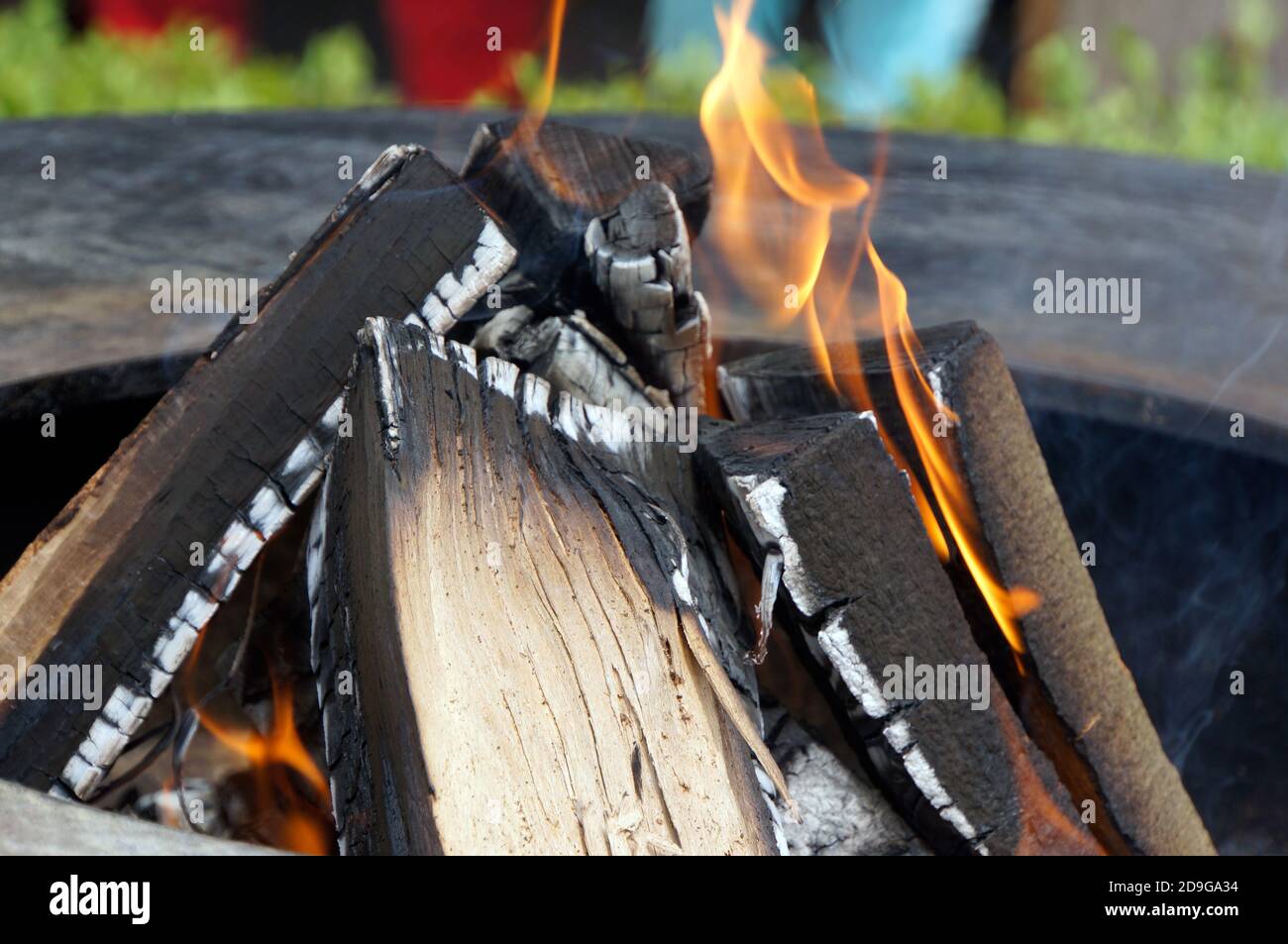 Holzscheite auf einer Feuerstelle Foto Stock