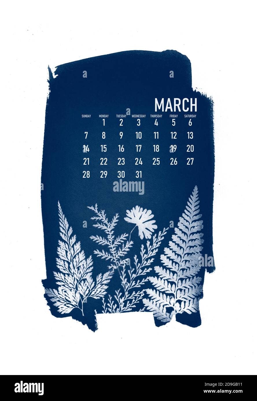 calendario 2021 creato con processo di cianotipo con foglie floreali. Mese di marzo. Foto Stock
