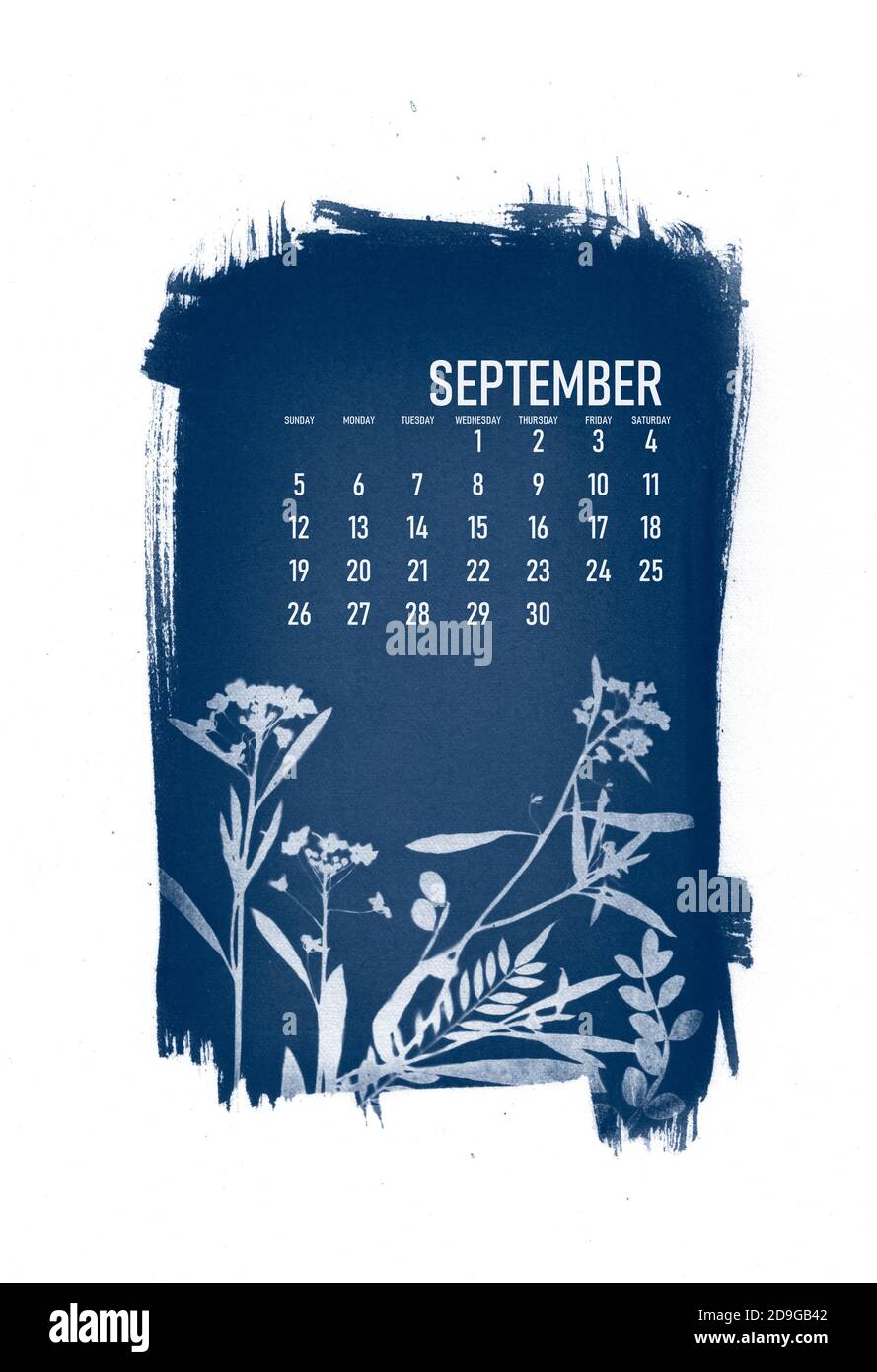 calendario 2021 creato con processo di cianotipo con foglie floreali. Mese di settembre. Foto Stock