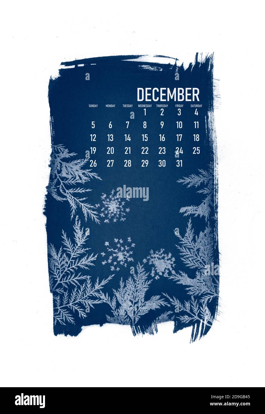 calendario 2021 creato con processo di cianotipo con foglie floreali. Mese di dicembre. Foto Stock