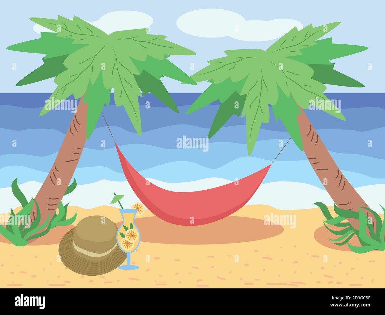 Spiaggia chaise longue sotto palme. Vacanza estiva in tropici. Illustrazione Vettoriale