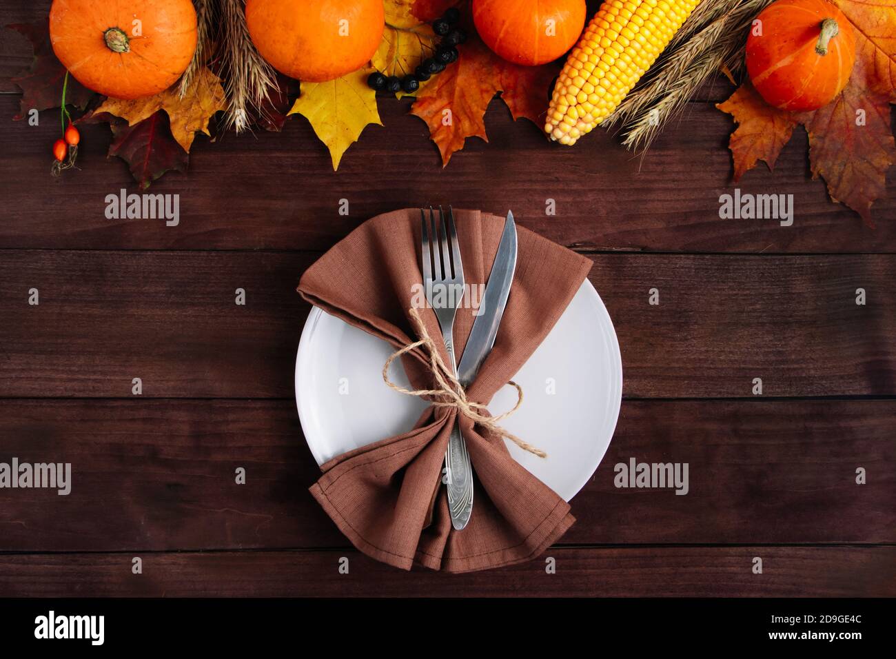 Tavolo festivo per il Ringraziamento. Concetto di autunno e raccolto. Foto Stock