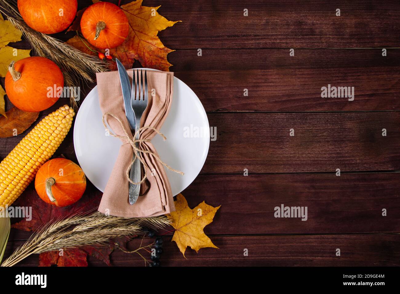 Tavolo festivo per il Ringraziamento. Concetto di autunno e raccolto. Foto Stock