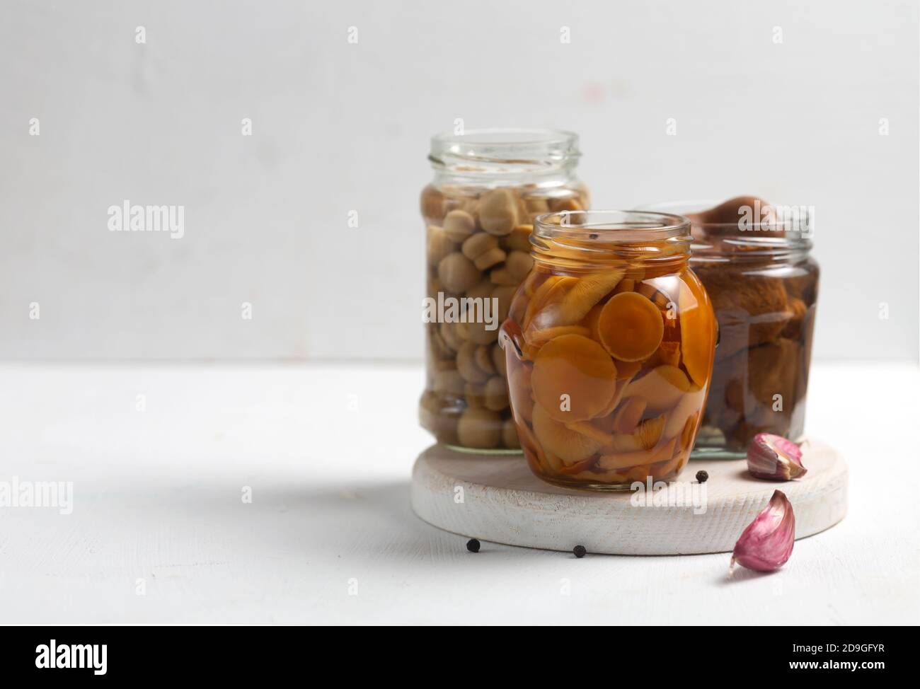 Vasetto di vetro con funghi in scatola con aglio e pepe. Cibo fermentato su sfondo bianco con spazio di copia Foto Stock