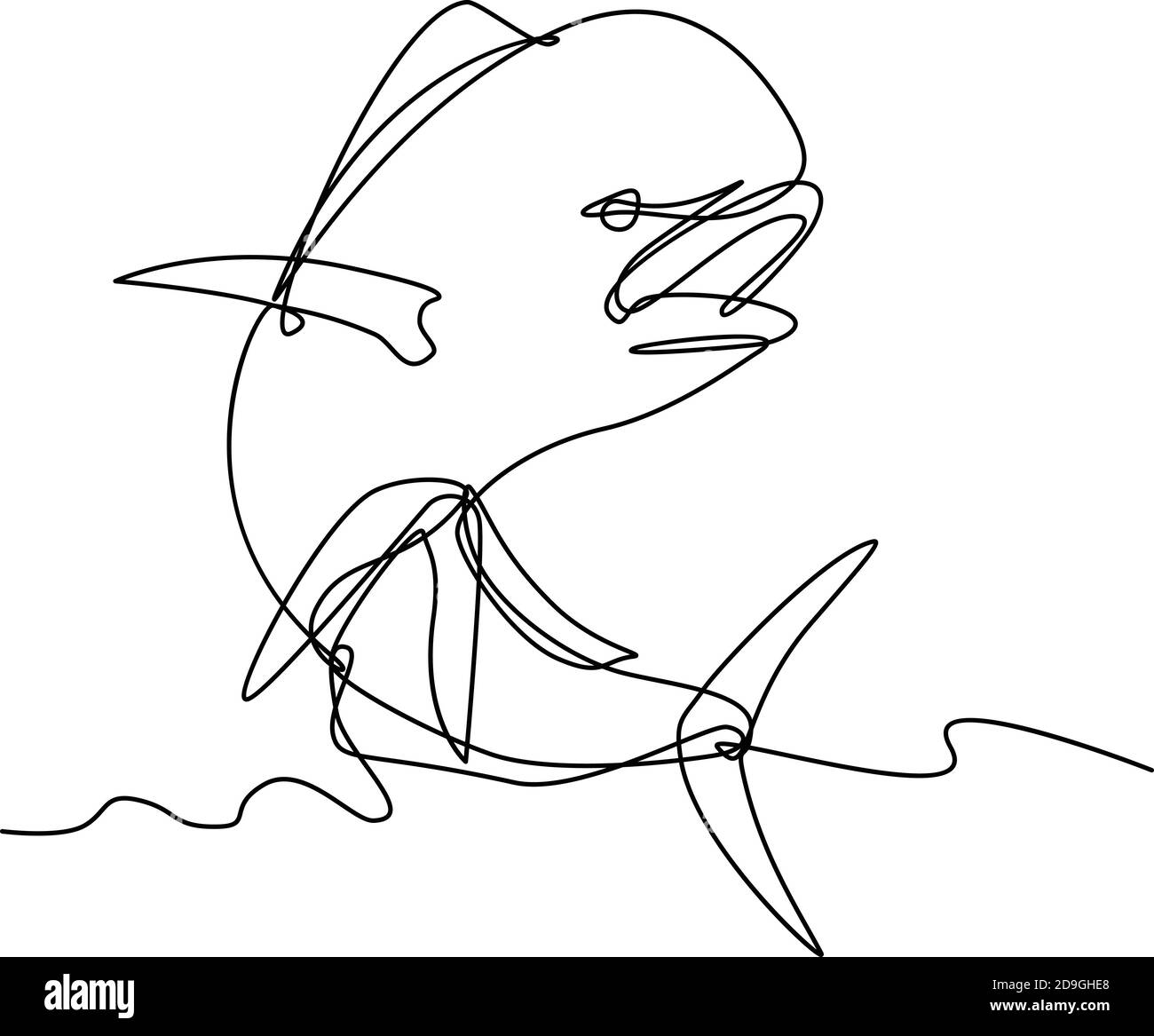 Illustrazione a linea continua di un mahi-mahi, dorado o dolphinfish comune (Coryphaena hippurus), un pesce alettato a raggi che abita in superficie, saltando su fatto io Illustrazione Vettoriale