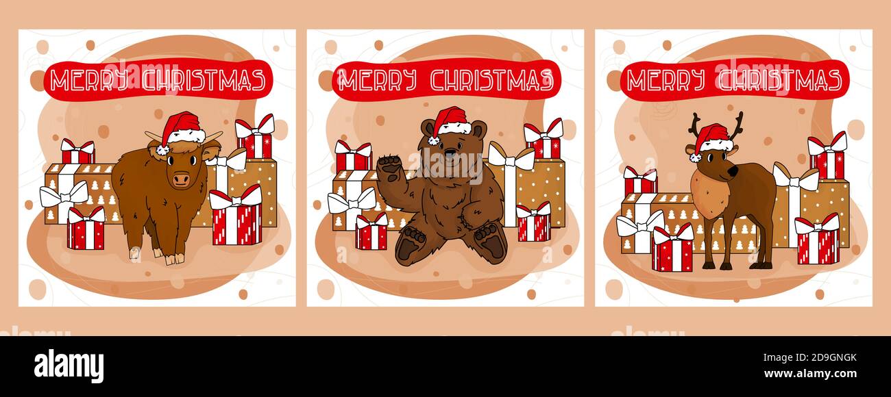 Set di carte carino per Natale e Capodanno 2021 anno di Cartoon bue, cervi e orso con regali di Capodanno, cappelli Santa e rosso Merry testo di Natale Illustrazione Vettoriale