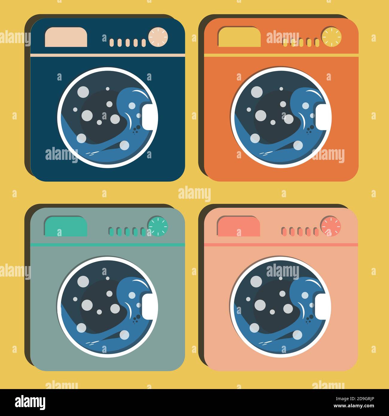 Set quadrupla di lavatrici in diversi colori. Una lavatrice funzionante ha bolle e acqua all'interno. Illustrazione Vettoriale