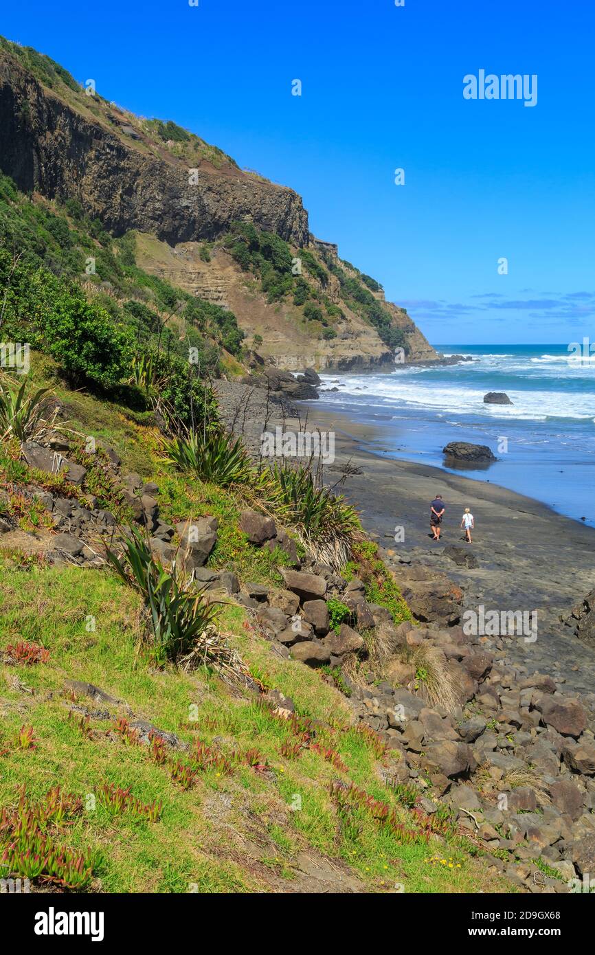La spiaggia di sabbia nera della Baia di Maukatia sulla panoramica costa occidentale della Regione di Auckland, Nuova Zelanda Foto Stock