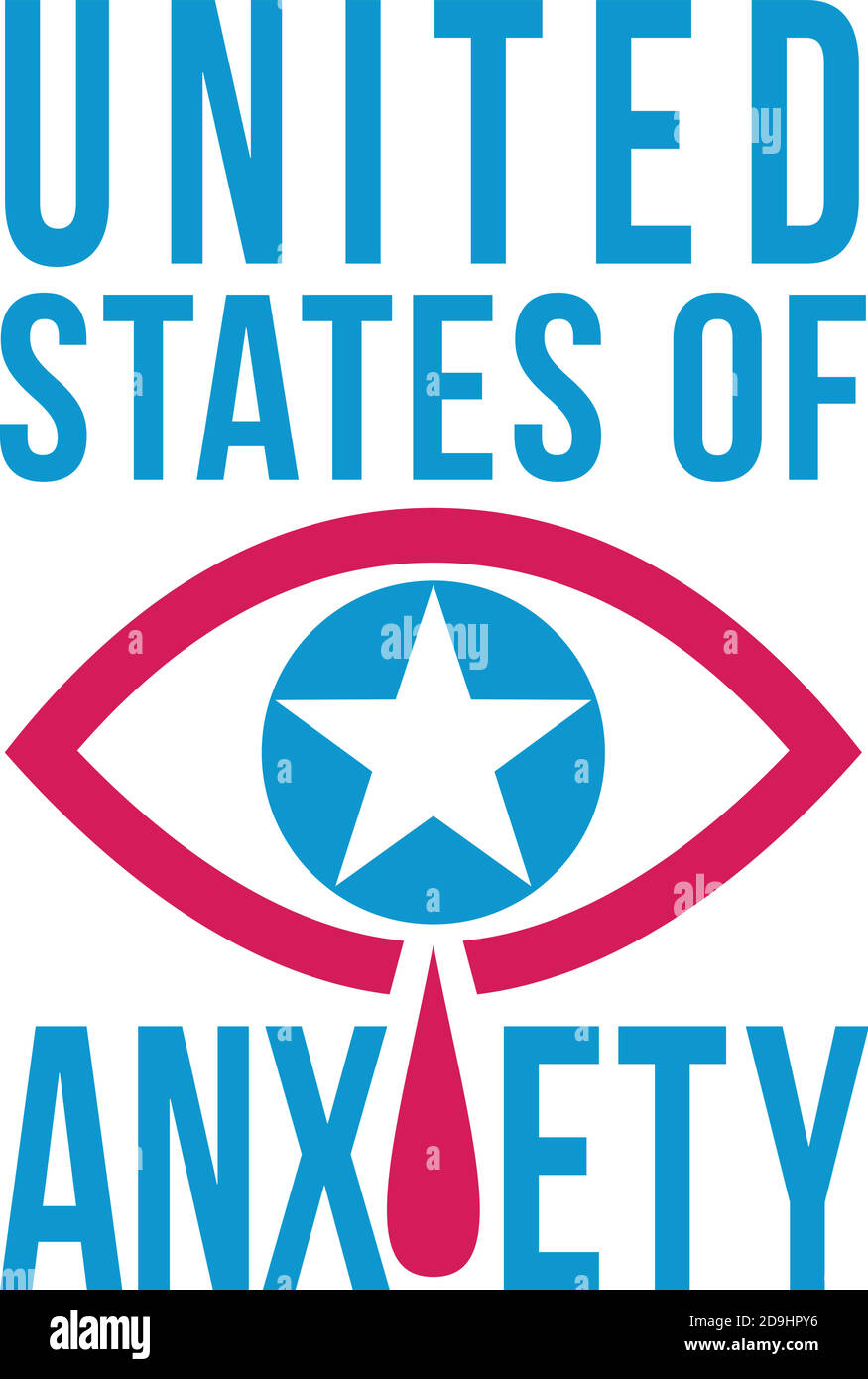 Illustrazione in stile retrò di un occhio blu piangente con stella E lacrime rosse o lacrime che cadono con le parole Stati Uniti Di Ansia su sfondo isolato d Illustrazione Vettoriale