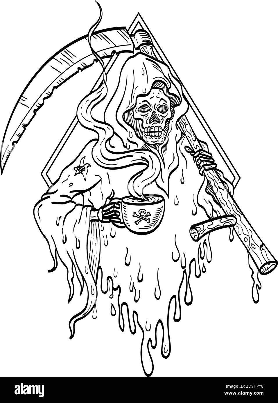 Illustrazione in stile tatuaggio del riaper grim, personificazione della morte, tenendo fumante tazza calda di caffè e scythe vista frontale in diamante su isol Illustrazione Vettoriale