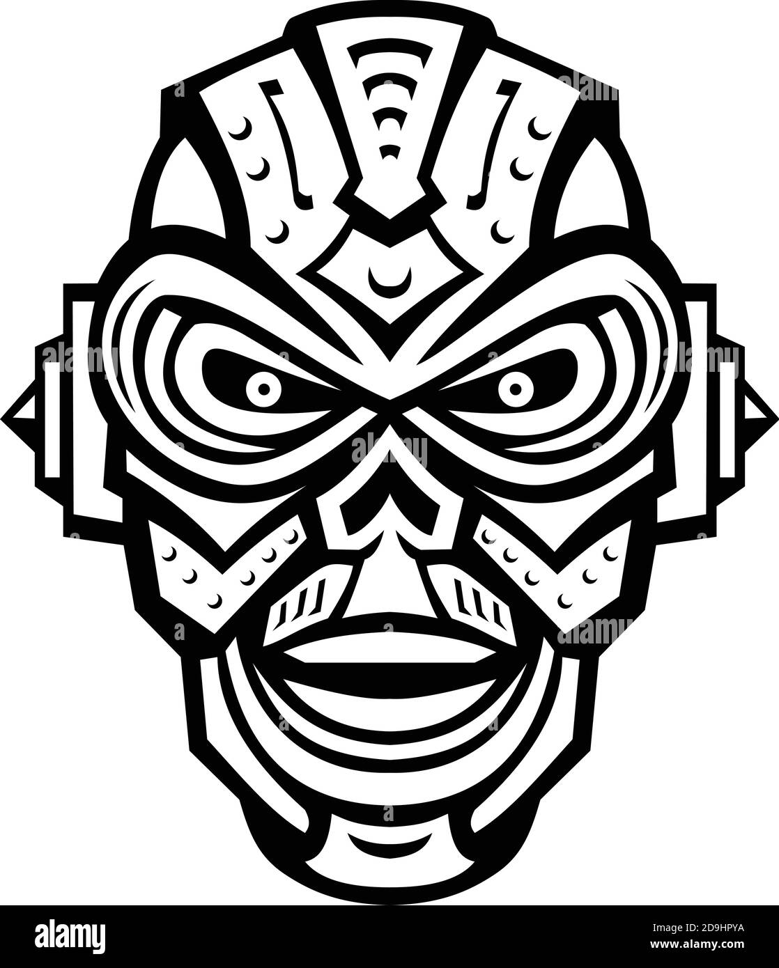 Mascot illustrazione della testa di un robot arrabbiato del cranio di ferro o android visto dalla parte anteriore su sfondo isolato in stile retrò bianco e nero. Illustrazione Vettoriale
