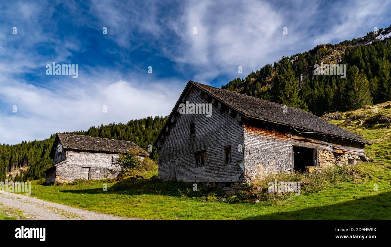Alphütten im Bregenzerwald, rifugi alpini nella foresta di Bregenz, Herbstwanderung, sulla strada tra le montagne, Vorarlberg, Mellental, Mellau, Austria Foto Stock