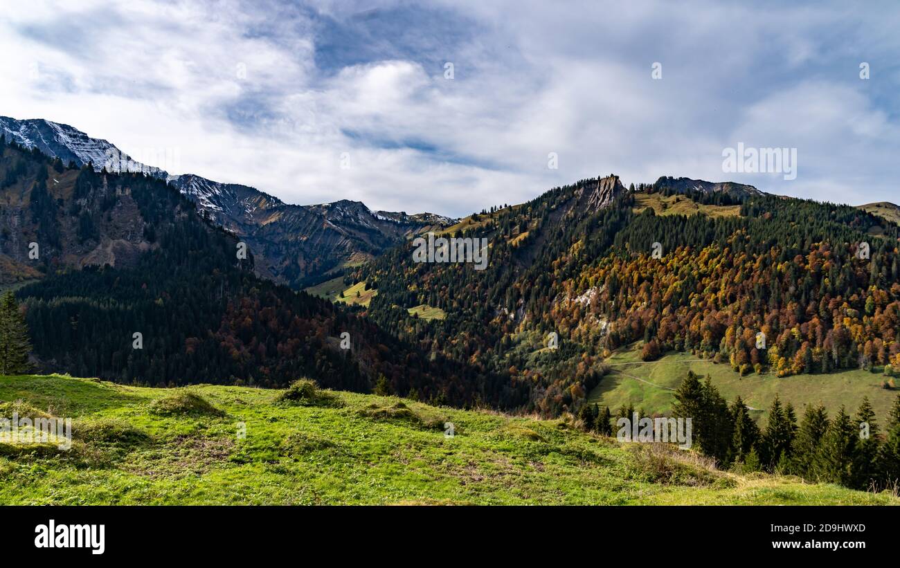 Landscape, Mellental, die bunten Wälder leuchten im Herbst im Bregenzerwald, schroffe Felsen geben einen starken Kontrast zu den Alpweiden und Wäldern Foto Stock